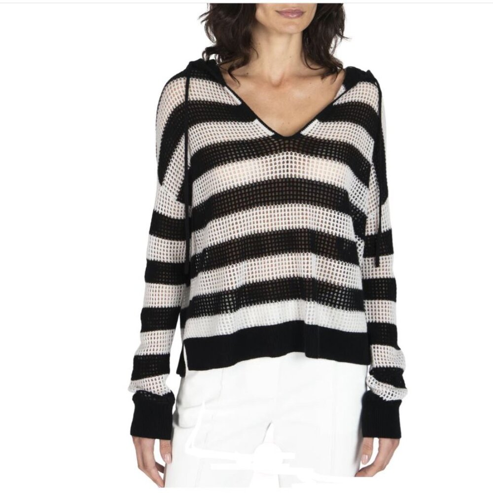 ATM Womens Black and Salt Grey Striped Cashmere Sweater XS